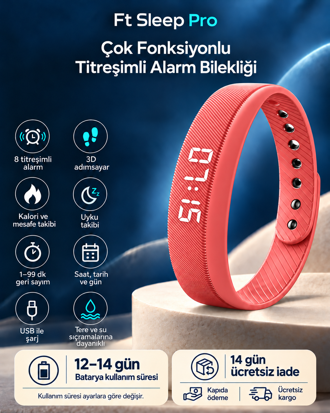 Ft Sleep Pro – Sessiz Titreşimli Çok Fonkisyonlu Alarm Bilekliği