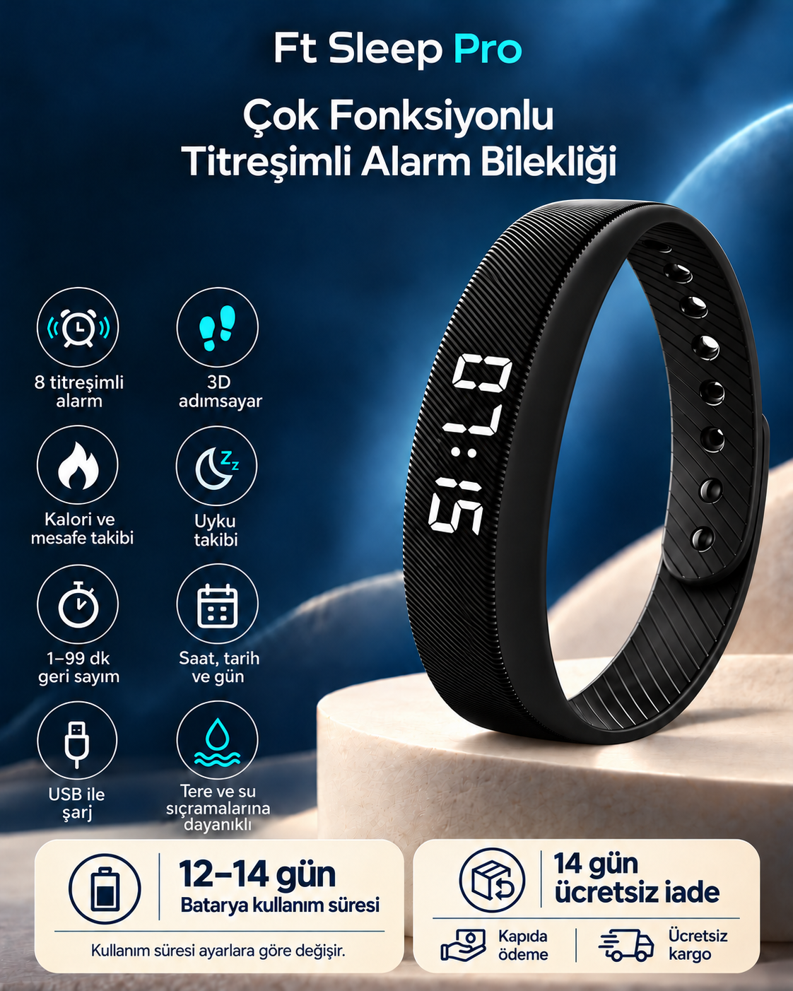 Ft Sleep Pro – Sessiz Titreşimli Çok Fonkisyonlu Alarm Bilekliği